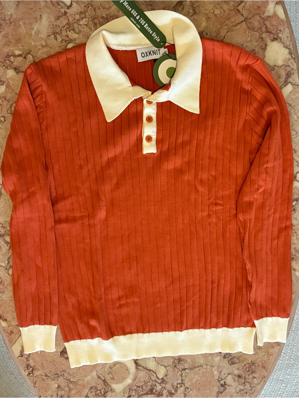 OXKNIT Men's Orange V-Neck Polo Collar Ribbed Sweater with Cream Trim